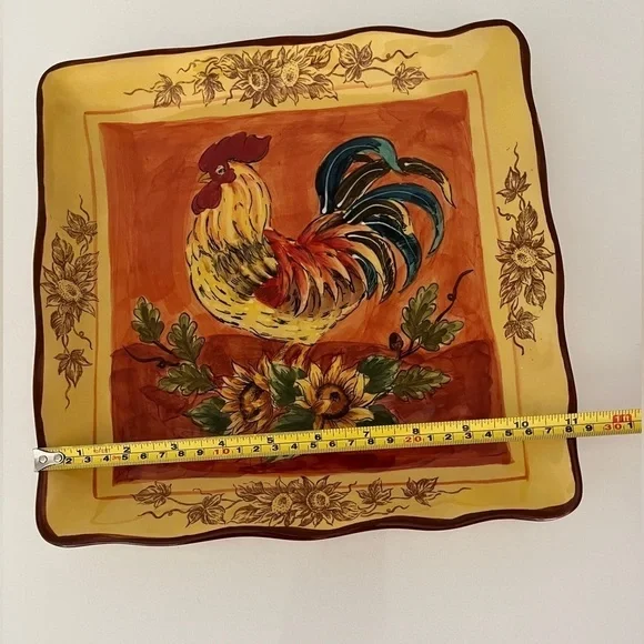 MAXCERA CORP Orange Rooster Square Plate Sunflowers Floral Edge Pattern Farmcore - Picture 8 of 8